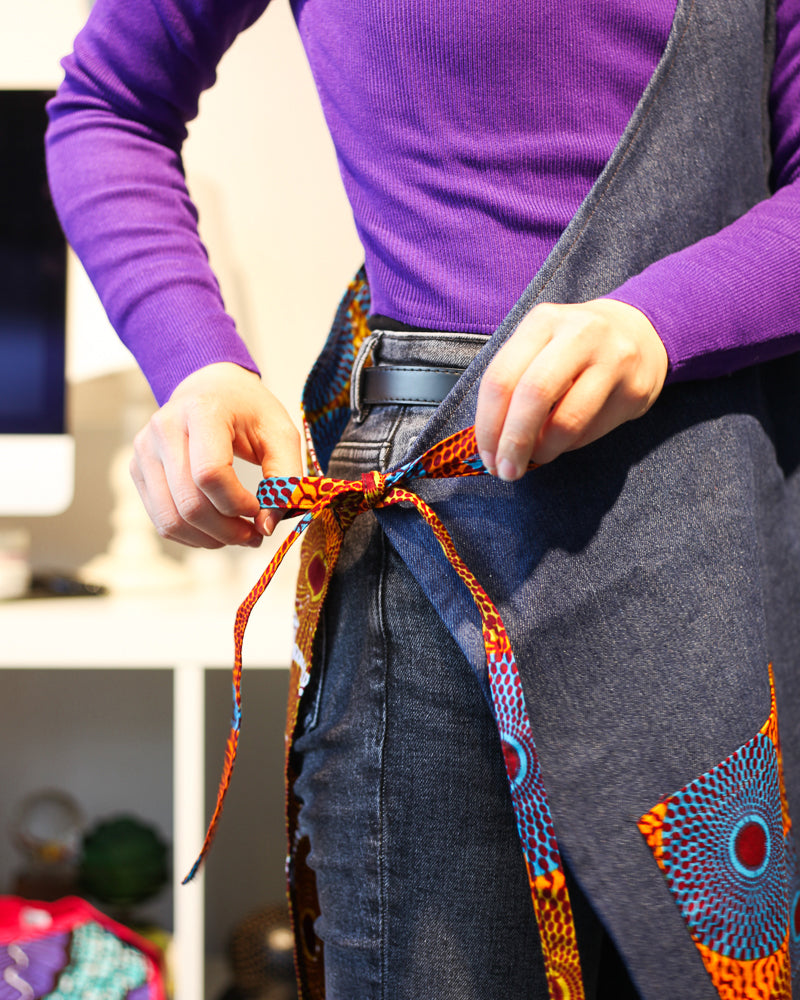 One -shoulder denim apron -Swallow turquoise & yellow-