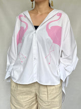 オーバーサイズシャツ - ホワイトシャツxピンクフラミンゴ -