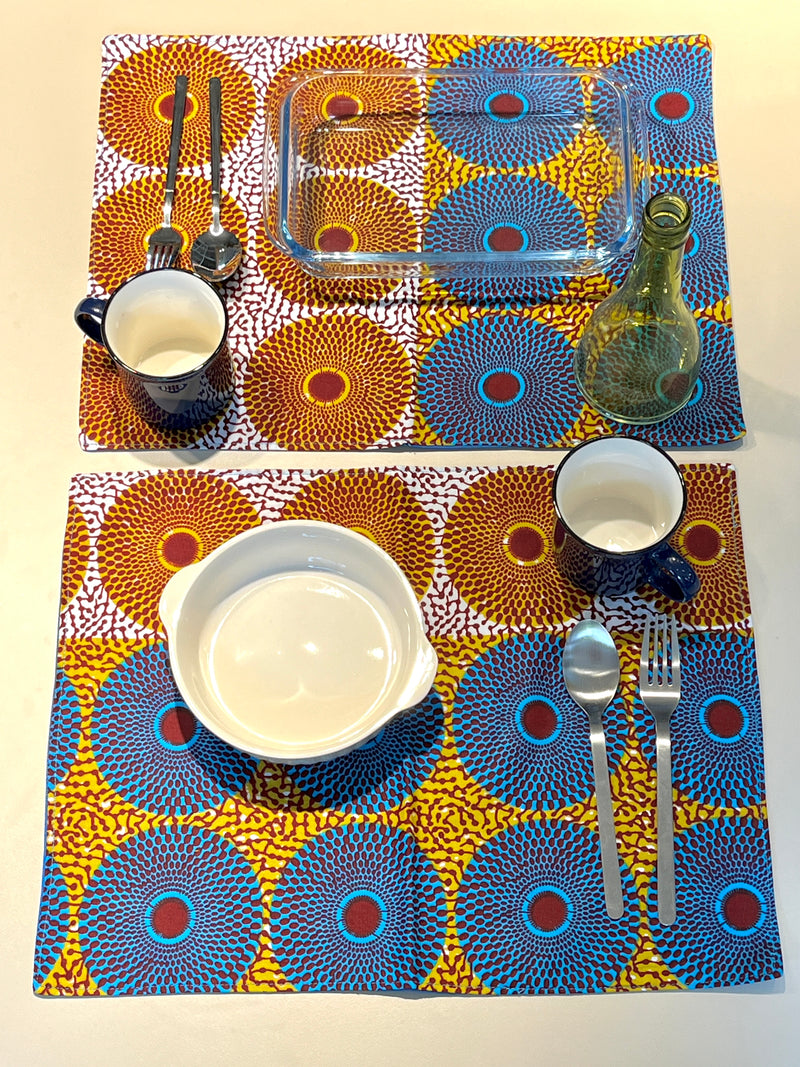Luncheon mat (2 pieces set) --I Brown Blue & Yellow White-
