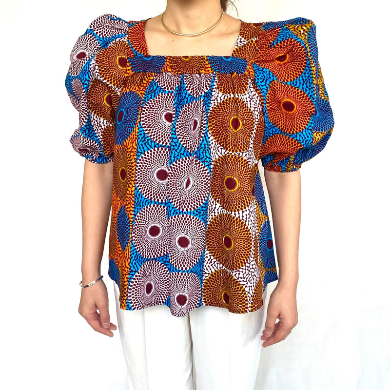 Gathered Blouse -Eye Orange Blue White & Blue Yellow White-