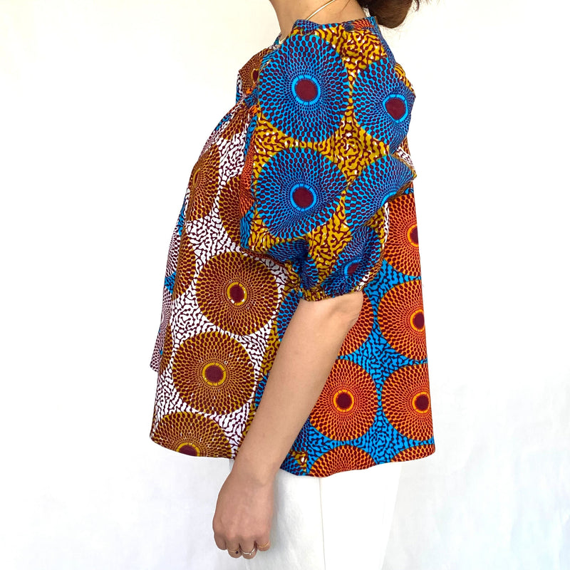 Gathered Blouse -Eye Orange Blue White & Blue Yellow White-