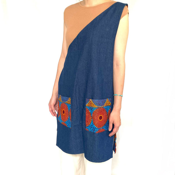 One -shoulder denim apron -Eye Orange Blue White & Blue Yellow White-