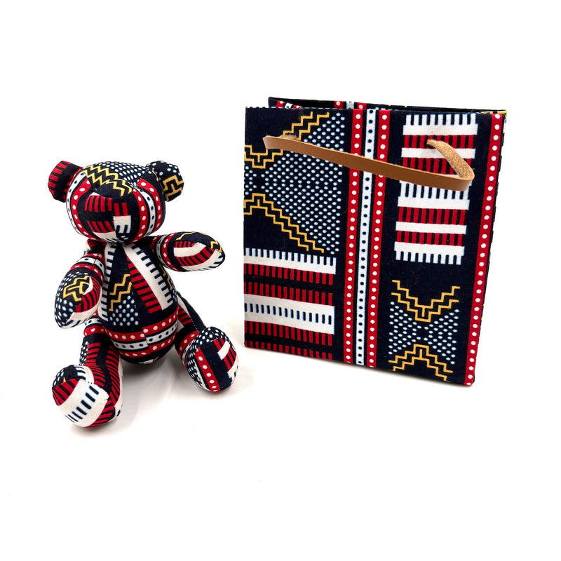 アフリカンプリント・テディベアw/ギフトバッグ - ネイビー・ビート -