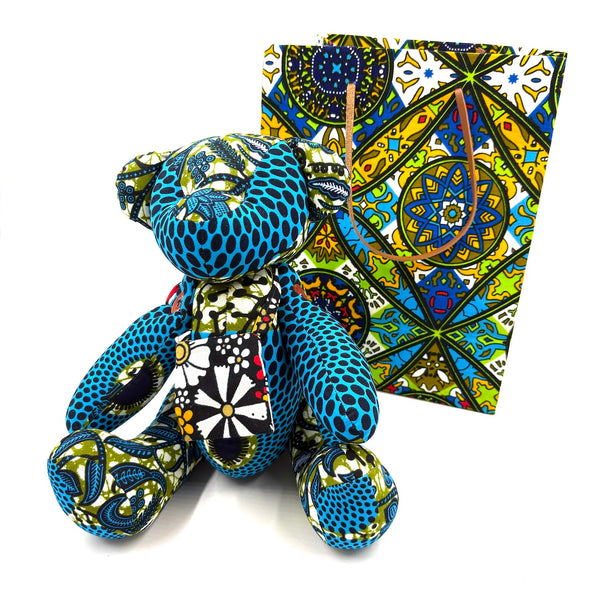 アフリカンプリント・ビッグテディw/ギフトバッグ - ブルーオルナ -