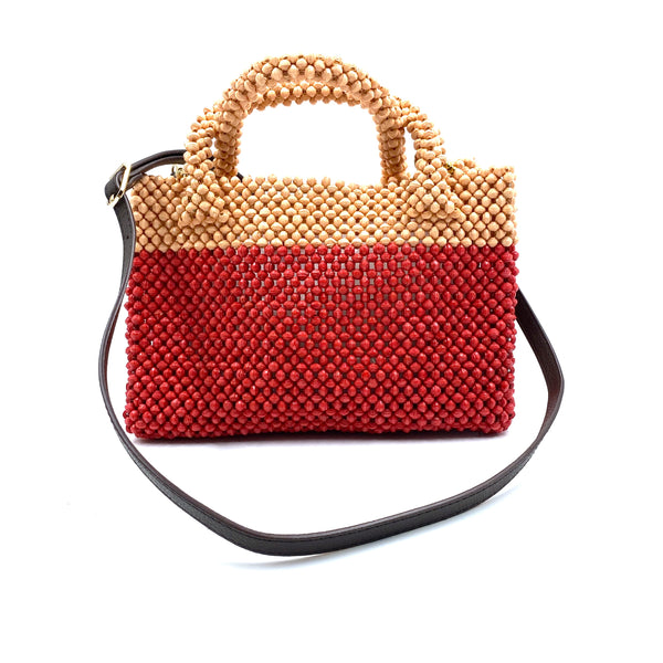 Paper bead two-tone bag with strap - Sakura x Red -