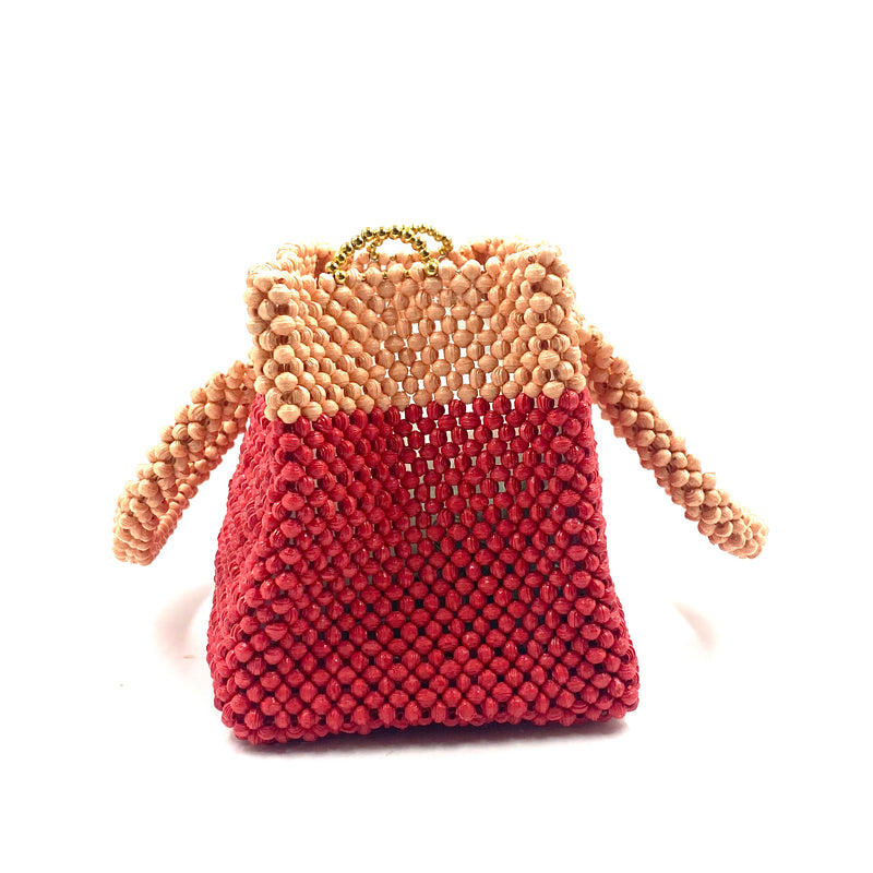 Paper bead two-tone bag with strap - Sakura x Red -