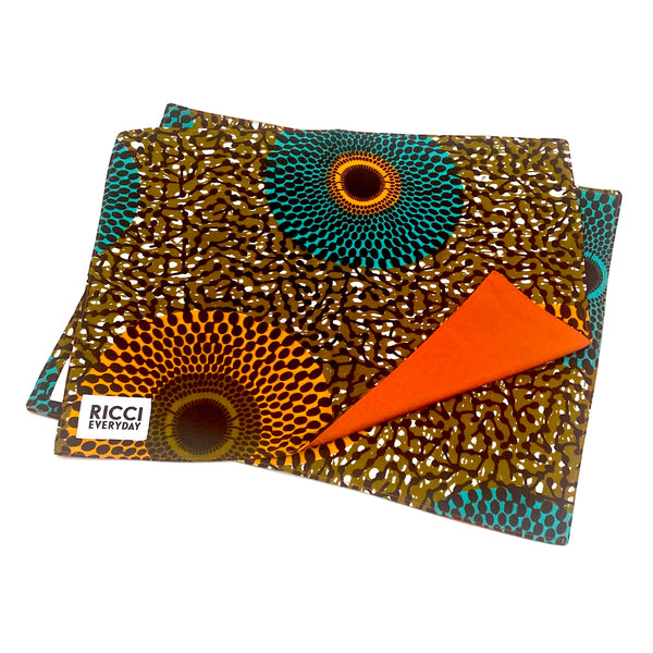 Luncheon mat x coaster set -Big Eye Turquoise Orange & Brown A-