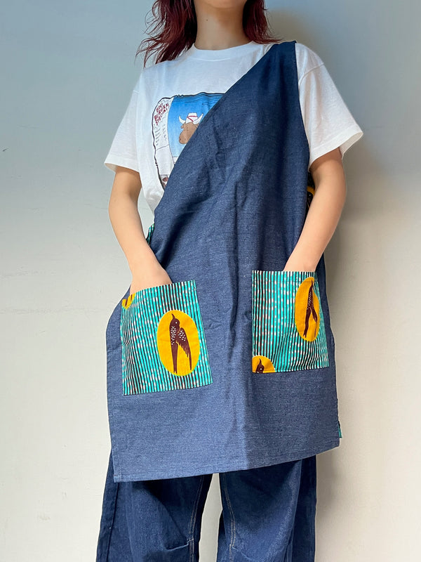 One -shoulder denim apron -Swallow turquoise & yellow-