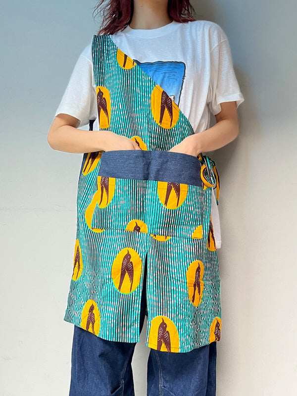 One -shoulder denim apron -Swallow turquoise & yellow-