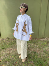 オーバーサイズシャツ - ホワイトシャツxピンクフラミンゴ -