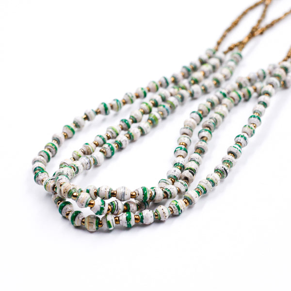 Paper Beads Ball Necklace -Green & White-