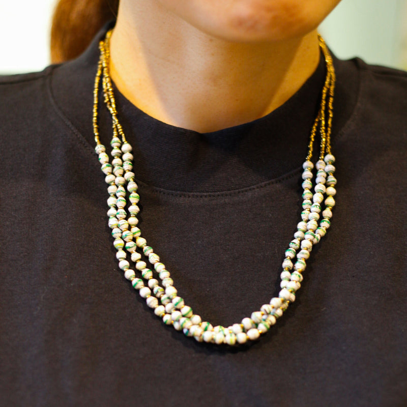 Paper Beads Ball Necklace -Green & White-