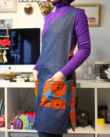 One -shoulder denim apron -Swallow Circle & Blue Yellow-