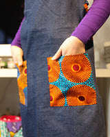 One -shoulder denim apron -Swallow Circle & Blue Yellow-